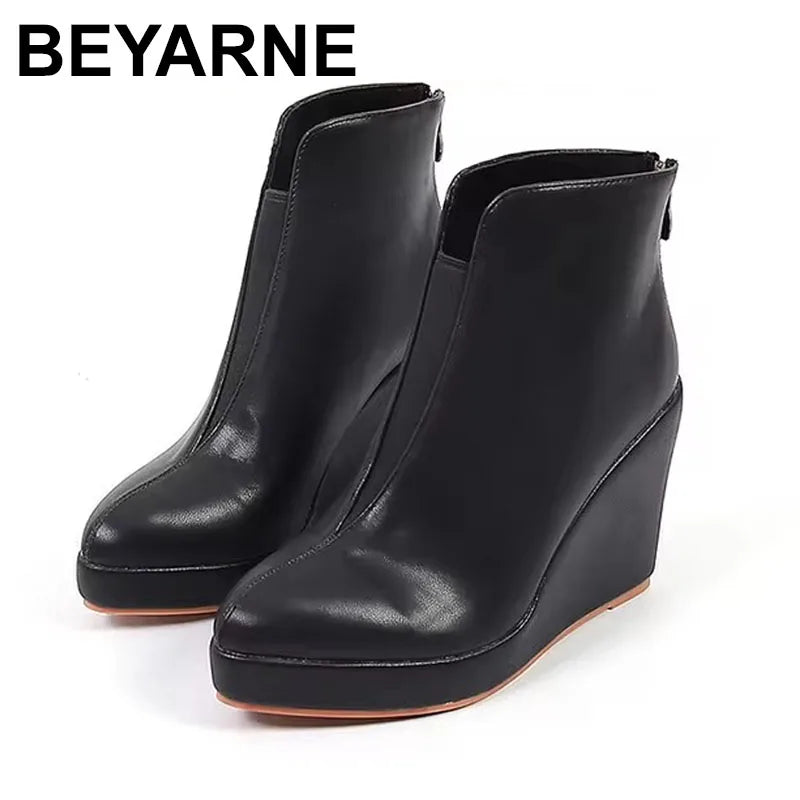 New Autumn Early Winter Shoes Women Ankle Boots Platform Fashion Ladies Wedge Heels 10cm Pure Black White Big Size 42